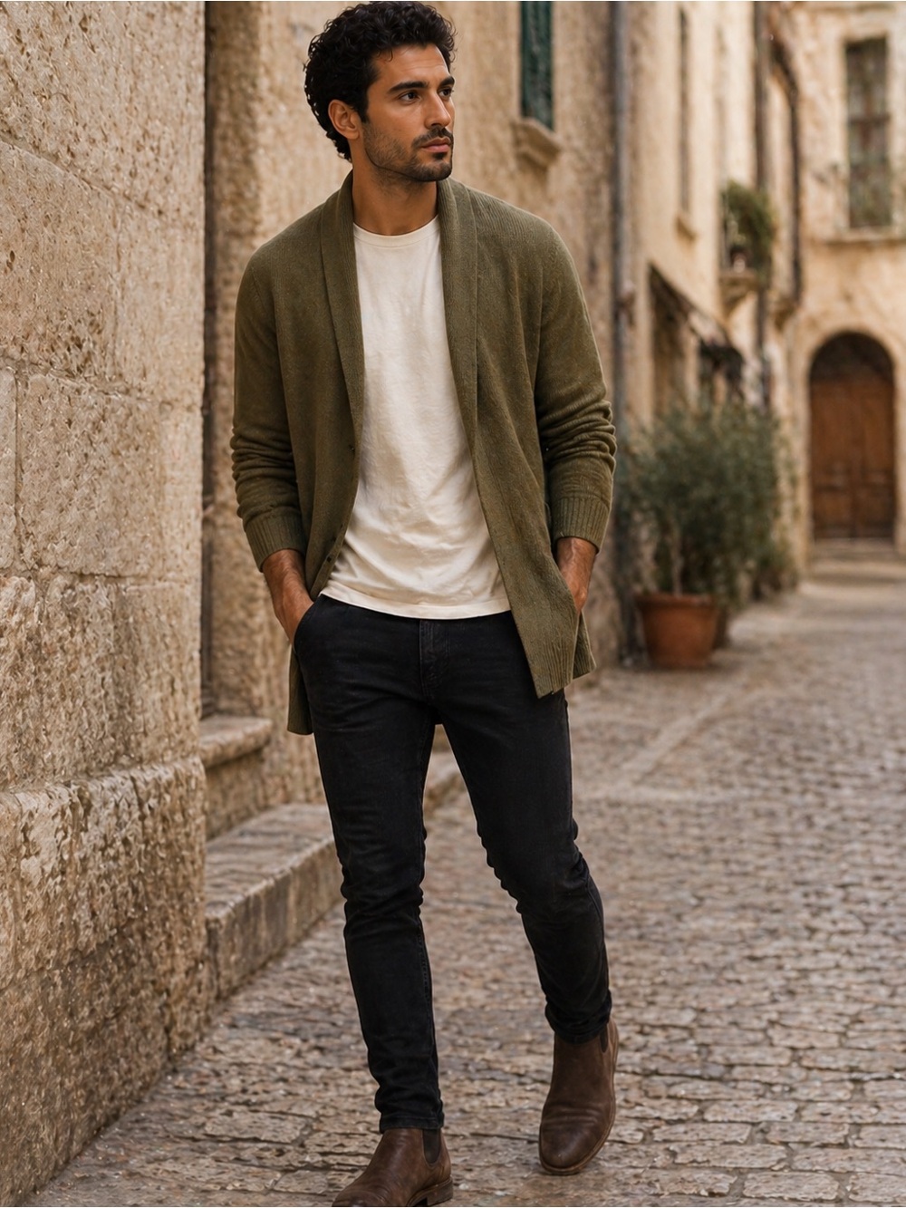 Forever 21 Men Olive Shawl Collar Open Cardigan Sweater Medium